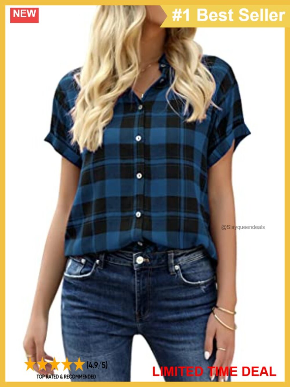 Women's Plaid Short Sleeve Button Down Shirt Casual Summer Blouse